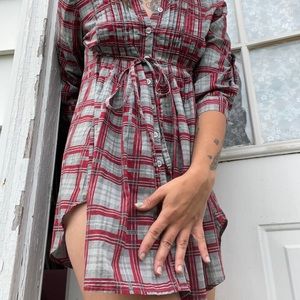 Cotton Plaid Shirt Dress Ruffle Flowy Lumberjack